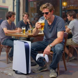 a realistic hyperdetailed multi - colored digital oil full body portrait painting of a man playing on a playstation 5 outside at a restaurant, beer in hand, in the style of guy denning, ruan jia, and craig mullins. trending on artstation and deviantart. cgsociety digital art.