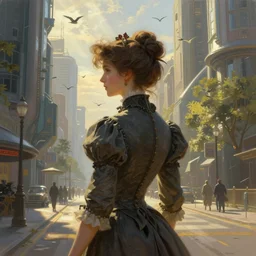 portrait of a victorian lady in a futuristic city, from behind, streets, birds in the sky, sunlight and rays of light shining through trees, tall buildings on the sides, beautiful, solarpunk!!!, highly detailed, digital painting, in the style of Peter Mohrbacher