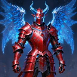 rococo style painting of full plate armor of crimson metal with azure blue lining and ruby studded worn by a horned electric blue demon with glowing wings, impressive helmet, magic, enchanted, intricate, crystal, 8 k, artstation trending, masterwork