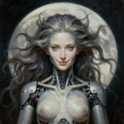 perfectly centered portrait front view of a beautiful biomechanical moon goddess, flowing hair, intense stare, sweet smile, symmetrical, concept art, intricate detail, volumetric shadows and lighting, realistic oil painting by alex grey and gustave dore,