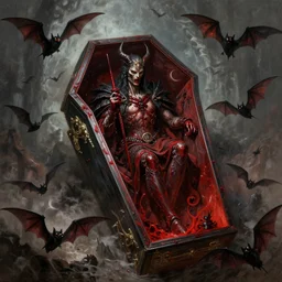 the blood lord in a giant coffin surrounded by bats, digital painting, mixed media, trending on artstation and deviantart, epic composition, magnum opus, highly detailed, 8 k