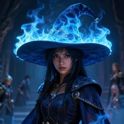 a fancy portrait of a beautiful dark magician girl wearing a large witches hat covered in light blue flames flames by Greg Rutkowski, Sung Choi, Mitchell Mohrhauser, Maciej Kuciara, Johnson Ting, Maxim Verehin, Peter Konig, final fantasy , mythical, 8k photorealistic, cinematic lighting, HD, high details, atmospheric,