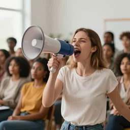a white woman shouting into a megaphone, a room full of women of colour