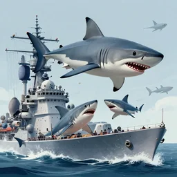 a hyper detailed matte illustration of a shiver of sharks attacking a battleship, concept art, 8 k, artstation, art by greg rutkowski and michael bay