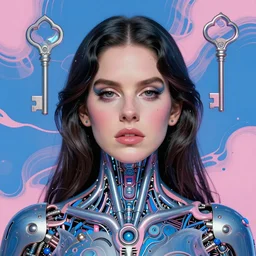 portrait of lana del rey as a cyborg. realist abstract. key art. blue, pink, intricate artwork. by tooth wu, wlop, beeple, dan mumford. 8 k octane render, trending on artstation, greg rutkowski very coherent symmetrical artwork. cinematic, hyperrealism, very detailed, iridescent accents
