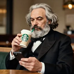 realistic portrait photo karl marx drinking starbucks and looking at an iphone