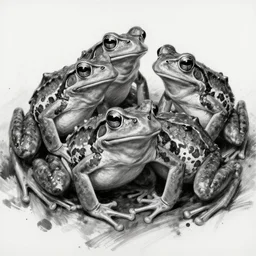 black and white painting of frogs by sergio toppi, by jeremi lipking, by etam cru, dark particles, brush strokes, white background, realistic faces, elegant, cinematic light, sharp focus, illustration, harmony, dynamic composition, masterpiece, pen, ink draw