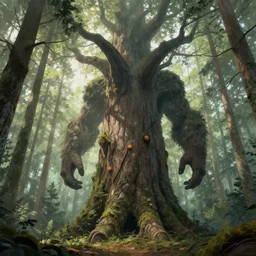 huge tree monster in a swedish forest, very low angle photograph, very detailed, trending on artstation, realistic, soft colors, illustration by john bauer, simon stålenhag