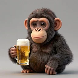 a beautiful digital matte painting of a cute chimpanzee holding a glass of beer.