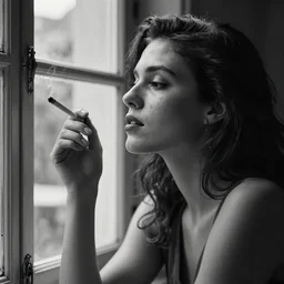 Live Action Still of Jerma985 in a film of a beautiful model woman smoking a cigarette by the window, black and white, hyperrealistic, ultra realistic, realistic, highly detailed, epic, HD quality, 8k resolution, body and headshot, film still