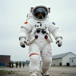 color photograph by nasa, extreme low angle long shot, white extremelyoversized giant chubby american astronaut in spacesut with oversized helmet walking in legnica, in the background are tiny soldiers, movie still, bokeh, canon 5 0 mm, cinematic lighting, dramatic, film, photography, depth of field, award - winning, overcast, 8 k, 3 5 mm film grain
