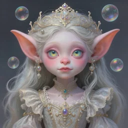portrait of a troll, dreamy and ethereal, (colour) eyes, peaceful expression, ornate frilly dress, fantasy, intricate, elegant, rainbow bubbles, highly detailed, digital painting, artstation, concept art, smooth, sharp focus, illustration, art by artgerm and greg rutkowski and alphonse mucha