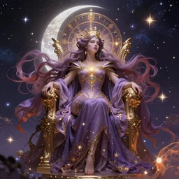 queen of the stars goddess, gentle, dreamy purples and golds and orange, flowing stars and planets, arcane, highly detailed, intricate, beautiful, face radiates light, the moon around her, sitting upon a throne, cinematic lighting, cinematic, ultra detailed, hyperrealism, art nouveau, alan lee, celestial symbols, dynamic pose, dramatic lighting, concept art, hdri, 4k -
