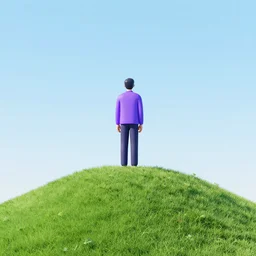 a man in a purple shirt on the peak of a grass hill while petting his dog, looking at the sun before sunrise