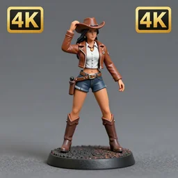 80mm resin detailed miniature of a cow-girl, Short brown leather jacket, white shirts, hot-pants, ten-gallon hat, over-knee boots, Navel, Standing with legs open on textured base; Miniature Photos, Logo, 4K, Full body; Front view