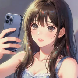 anime art of a photo, girl taking a selfie, realist anime painting, radiant, lustrous, shimmering, vivid, digital art