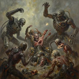 oil paint of 1 1 horrifying machines in flaying dethroning melee, battle pit, by wayne d barlowe, basil wolverton, stefano tamburini, torch light, muted colors, epic, hyper detailed, awe inspiring, award winning horror, hyper realism, cinematic