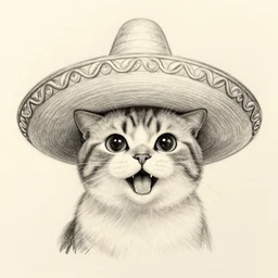 pencil sketch of a happy cat wearing a sombrero
