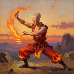 [ squidward ] wearing fire nation clothing and practicing firebending outside at susnset, oil painting, highly [ detailed ], intricate, hd, sharp focus, photorealistic, by [ moebius ] and greg rutkowski and thomas kinkade, trending on artstation, trending on cgsociety, realistic shading and lighting