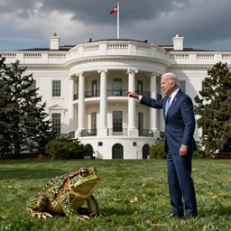 Joe Biden Throwing A small green toad at you in front of the white house, photo