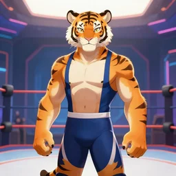 character portrait of a male anthro Tiger fursona wearing wrestler's spandex in a futuristic wrestling ring. Character design by charlie bowater, ross tran, artgerm, and makoto shinkai, detailed, inked, western comic book art