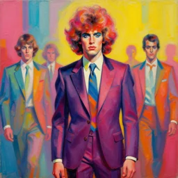 always be your most authentic self, psychedelic vibrant colors, leadership, oil painting by michael whelan art, 8 0 s hair, sharp suit