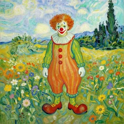 clown standing in a field with colorful flowers by Vincent van Gogh
