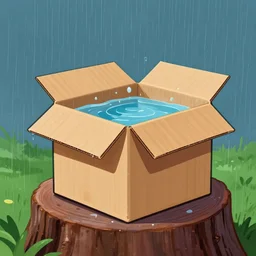 a cardboard box full of water, sitting on a tree stump, in the rain, striking vivid digital art, 1 9 6 0 s, trending on artstation