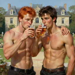 attractive muscular mike with ginger hair with attractive tyler with brunet hair, drinking their hearts out, in their noble mansion. very defined to the maximum and highly detailed painting by gaston bussiere, craig mullins 8 k