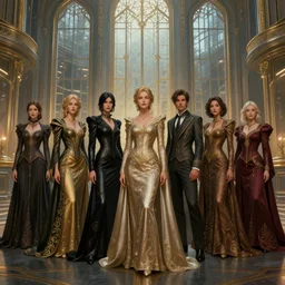 a group of traders with various, elaborate, intricate, silken, gowns and robes, well dressed, stand in a cyberpunk, art nouveau hall, steel architecture, large glass windows, gold, well lit, high fantasy, octane render, beautiful painting, trending on artsstation