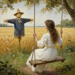 detailed soft painting of a girl dressed in white on a garden swing, seeing a scarecrow in a field of wheat rembrandt style, elegant, highly detailed, artstation, concept art, matte, sharp focus, folk horror