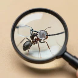 a magnifier on ant that is wearing glasses