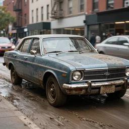 street photography by saul leiter, in a high quality muddy new york street, award winning photo of an ultra detailed high quality dirty vintage ford car speeding very fast on mud, fast shutter speed, motion blur, tiny gaussian blur, highly detailed, highly intricate, depth of field, trending on top gear