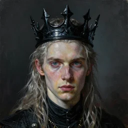 the portrait of hunter schafer!!!!!!!!!!!!!!!!!!!!!!!!! in black wax crown by roberto ferri, dark fantasy, witcher, very detailed oil painting, masterpiece, 8 k