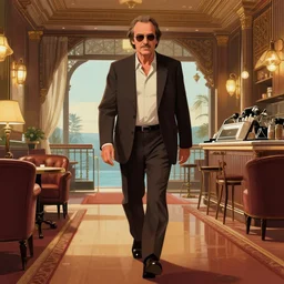 jack nicholson walking inside the overlook hotel, digital illustration, in the style of greg rutkowski, amazing detail, epic