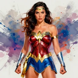 model gal gadot as wonder woman wearing illustration  splash art by alex gross by alex ross by Greg Land by J. Howard Miller digital painting