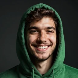 portrait of a smiling chad programmer with green hood by jeremy mann, dramatic lighting, close up
