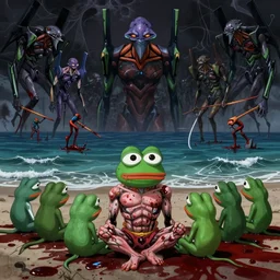 resolution 4k worlds of loss and depression made in abyss design Akihito Tsukushi design body pepe the frog muscle meat lovecraftian war a bloody conflict visceral sitting by an ocean of blood the group of pepes sitting at the shore dream like end of evangelion , fractals , pepe the frogs at war, art in the style of and Oleg Vdovenko and Akihito Tsukushi ,Stefan Koidl