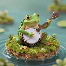 Photograph of a frog playing a banjo on a tiny island, tilt shift lens, ultra high quality