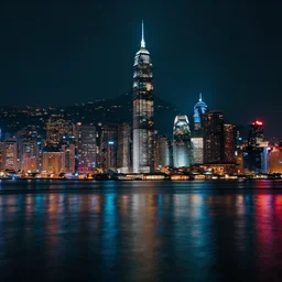 Cyberpunk city skyline, night, reflection on water, neon, 4k