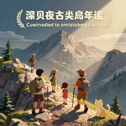 a cartoon of a family hiking up a mountain with a cat