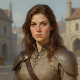 a town guard woman with shoulder length brown hair wearing light brown clothing, a character close up portrait by mandy jurgens, dungeons and dragons character, cgsociety, medieval fantasy art, artstation hd, detailed painting, official art