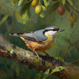 oil painting lanscape by anders zorn, closeup nuthatch in jungle nature, fruit trees, very very very very beautiful art, dramatic light, strong shadows