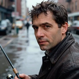 closeup portrait of a man fishing in a puddle rainy new york street, by Annie Leibovitz, natural light, detailed face, CANON Eos C300, ƒ1.8, 35mm, 8K, medium-format print