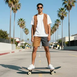 a portrait of a fashionable gran on a skateboard in los angeles, in the style of david lachapelle