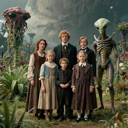film still from a sci fi blockbuster movie made in 2022, set in 1860, of a family standing next to some strange wild alien plants, wearing 1850s era clothes, a humanoid alien standing nearby, in a park on a strange alien planet, cinematic lighting, 8k, faces in focus, oscar winner, high quality photography