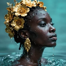 hyperrealistic precisionist cinematic profile very expressive! black oshun goddess, in water! up to shoulders, mirror dripping droplet!, gold flowers, highly detailed face, digital art masterpiece, smooth eric zener cam de leon, dramatic pearlescent turquoise light on one side, low angle uhd 8 k, shallow depth of field, daguerreotype
