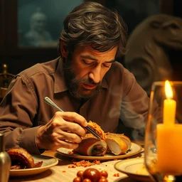 peter dinklage eats a sad dinner, jim varney, hyperrealistic, volumetric golden dappled dynamic lighting, highly detailed, sharp focus, by victo ngai, artgerm