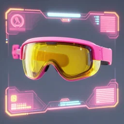 futuristic visor, vibrant pink and yellow, neon HUD display, overwatch style