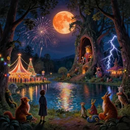 a night carnival around a magical tree cavity, with a surreal orange moonlight and fireworks in the background, next to a lake with iridiscent water, christmas lights, volumetric lightning, folklore creatures and fantastic animals and people disguised as fantastic creatures in a magical forest by summer night, masterpiece painted by gustave baumann, scene by night, dark, dark night environment, refraction lights, glares